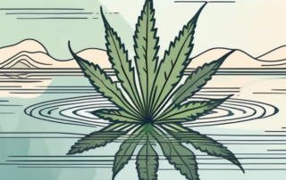 A cannabis leaf gently floating on a calm body of water