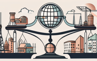 A balance scale with traditional feminine symbols on one side and various societal elements like buildings