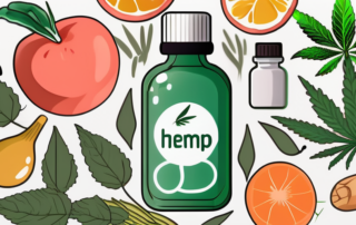 A dropper bottle of hemp oil surrounded by various health-conscious items like fruits