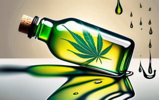 A hemp oil bottle with a droplet falling onto a stylized