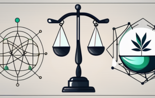 A balanced scale with a cbd molecule structure on one side and a cbg molecule structure on the other