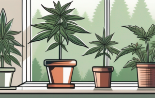 A cannabis plant growing in a small indoor garden setup
