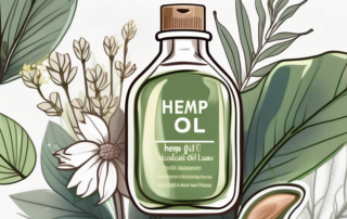A bottle of hemp oil surrounded by various natural elements like leaves and flowers