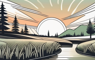 A serene landscape with hemp plants in the foreground and calming elements like a gentle stream or a setting sun in the background