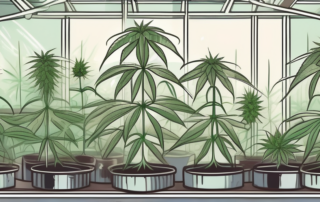 Several cannabis plants at different stages of growth inside a well-lit indoor greenhouse