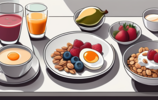 A breakfast table set with various healthy food items like fruits