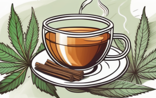 A steaming cup of hemp tea surrounded by hemp leaves
