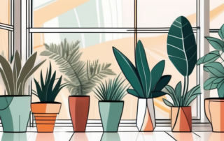 Several different types of plants thriving in colorful fabric pots