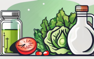 A cbd oil bottle next to a measuring tape and a healthy salad