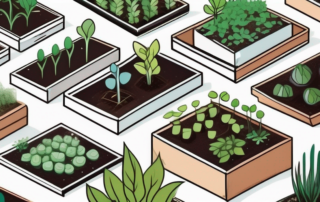 Several different types of seedling boxes arranged in an indoor garden setting