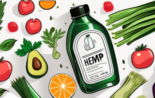 A bottle of hemp oil surrounded by a measuring tape