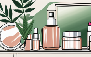 A bottle of hemp oil surrounded by various cosmetics like a cream jar