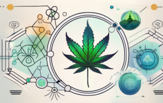 A cbg-cannabinoid molecule structure surrounded by various symbolic representations of its potential effects