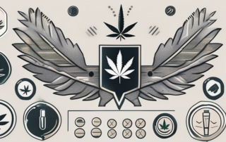 The german federal eagle symbol next to a collection of different symbols representing various types of drugs (such as a leaf for marijuana