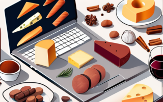 A variety of international gourmet foods like cheese