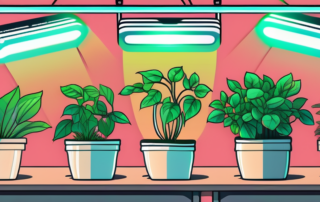 Several different models of led grow lights hanging above a variety of healthy