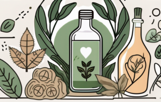 A bottle of hemp oil surrounded by various health-related icons such as a heart