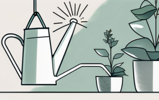 A long-spouted watering can poised to water a hanging plant that's high up