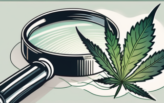 A cannabis plant with a magnifying glass focusing on its bud