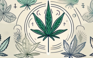 A cannabis leaf with various allergy symbols like a sneezing cloud
