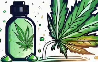 A cannabis leaf with droplets falling from it into a small dropper bottle