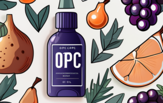 A bottle of opc oil surrounded by a variety of fruits and plants