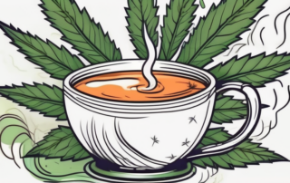A steaming cup of tea with cannabis leaves floating around it