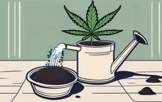 Marijuana seeds germinating in a small pot with a watering can nearby