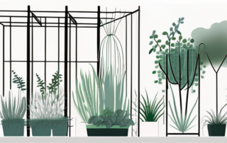 Various garden plants being supported by stakes