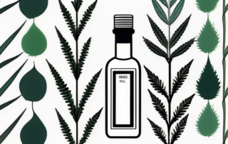 A hemp oil bottle surrounded by hemp plants