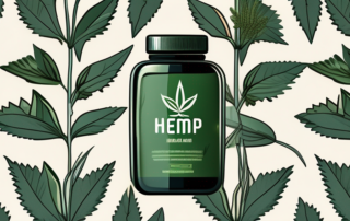 A bottle of hemp oil surrounded by omega-3 capsules and hemp leaves