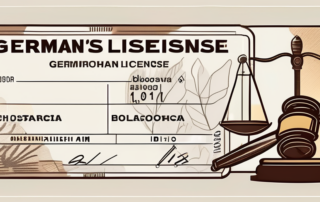 A german driver's license surrounded by legal scales and a gavel