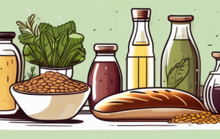 A bottle of flaxseed oil (leinöl) surrounded by various foods like salads