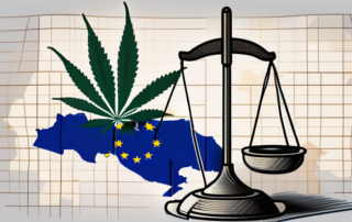 A balanced scale with a cannabis leaf on one side and the eu flag on the other