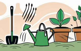 Germinated seeds being planted in a fertile soil with gardening tools like a trowel and watering can nearby