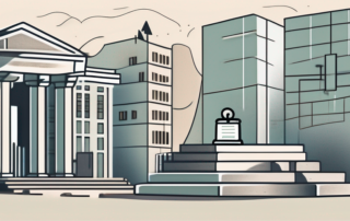 A symbolic government building with a balancing scale in the foreground