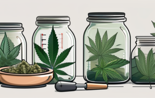 Various cannabis leaves and buds undergoing the process of fermentation inside glass jars