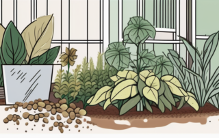 A lush garden with various plants showing signs of damage such as yellowing leaves and wilting