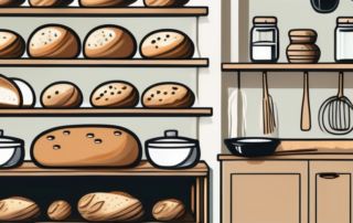 A rustic kitchen setting with freshly baked loaves of hemp bread cooling on a wooden rack