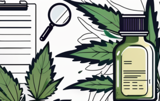 A bottle of cannabis oil surrounded by hemp leaves