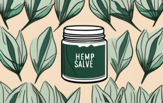 A jar of hemp salve surrounded by hemp leaves and a soothing backdrop