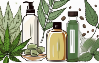 Various hemp oil products such as a bottle of oil