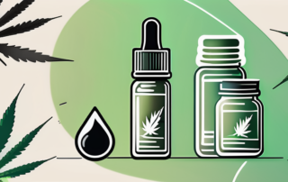A cbd oil dropper with a cannabis leaf in the background