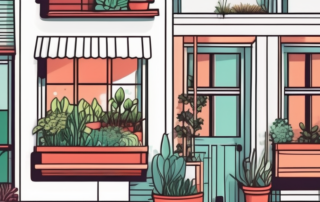 A vibrant cityscape with various urban gardening elements such as rooftop gardens