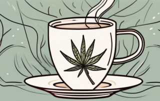 A steaming cup of tea with a hemp leaf gently falling into it