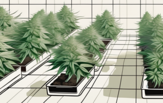 Several healthy cannabis plants arranged neatly within a square meter grid