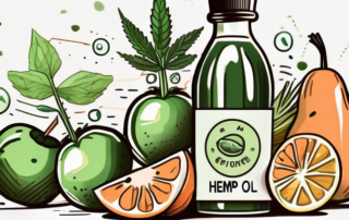 A bottle of hemp oil surrounded by healthy fruits and vegetables