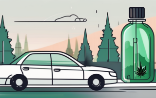 A car on the road with a bottle of cbd oil in the foreground