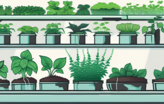 A thriving hydroponic garden with various plants growing in water-filled containers