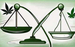A scale of justice where one side holds a cannabis leaf and the other holds the eu flag